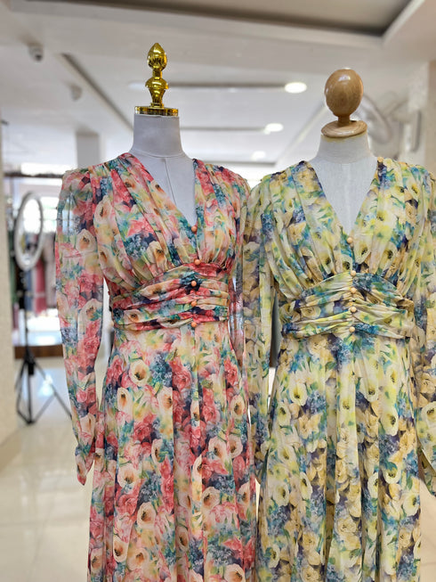 V-neck Long Sleeves Floral Dresses